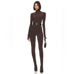 NORMA KAMALI Slim Fit Turtleneck Catsuit w/ Footsie Women's Sz M/38 Chocolate